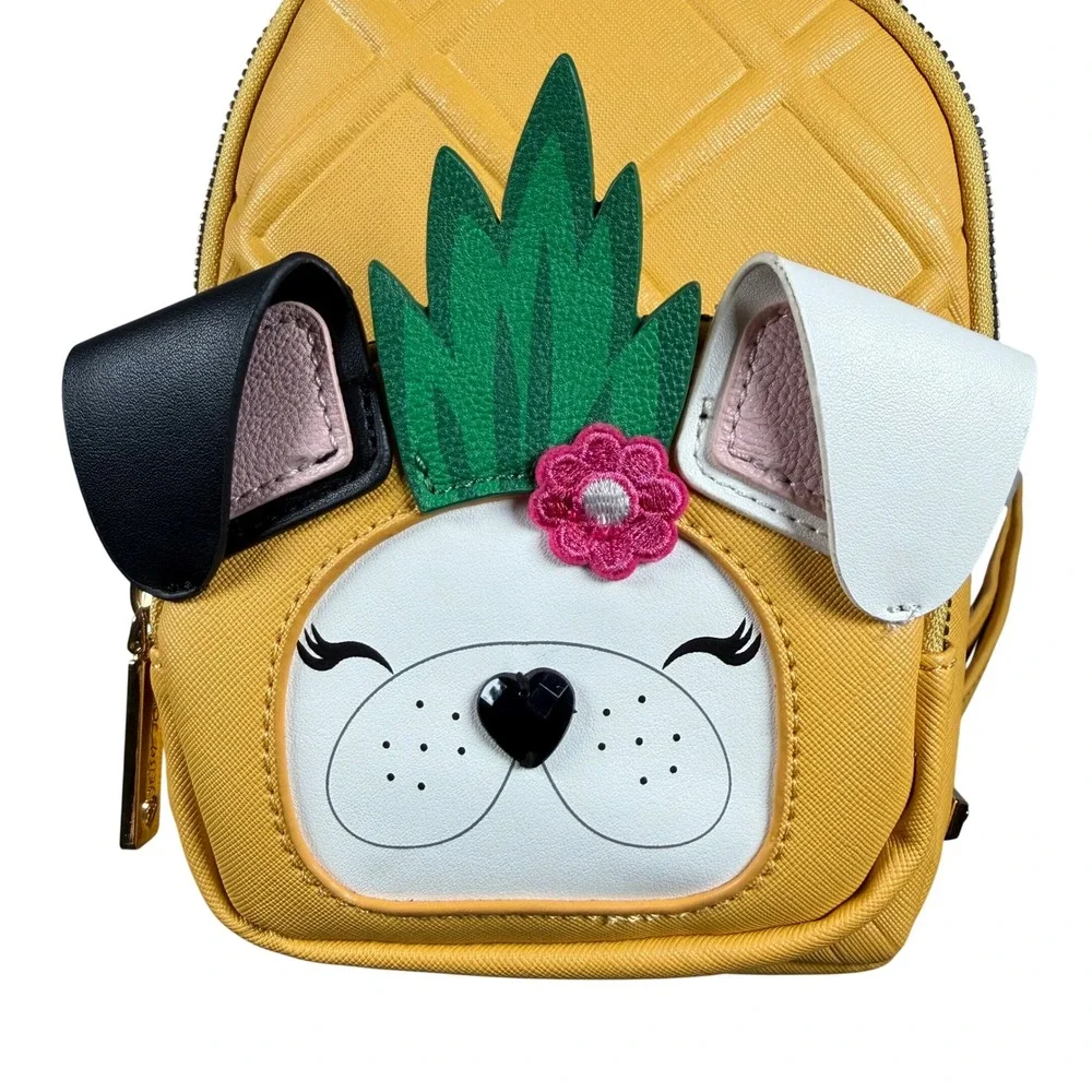 Betsey Johnson Yellow French Bulldog Pineapple Mini Backpack Quilted Tropical